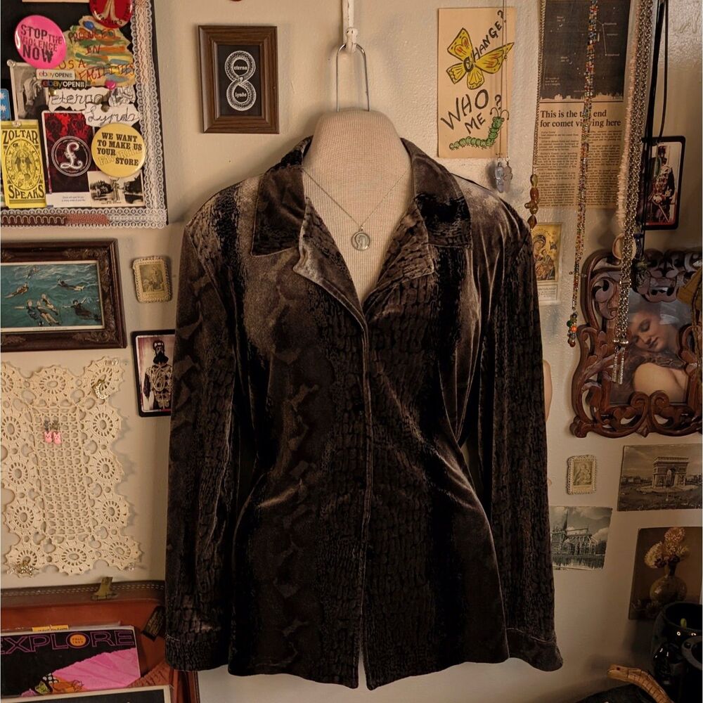 Vintage Velvet Animal Print Button Down Shirt Women's Large Brown